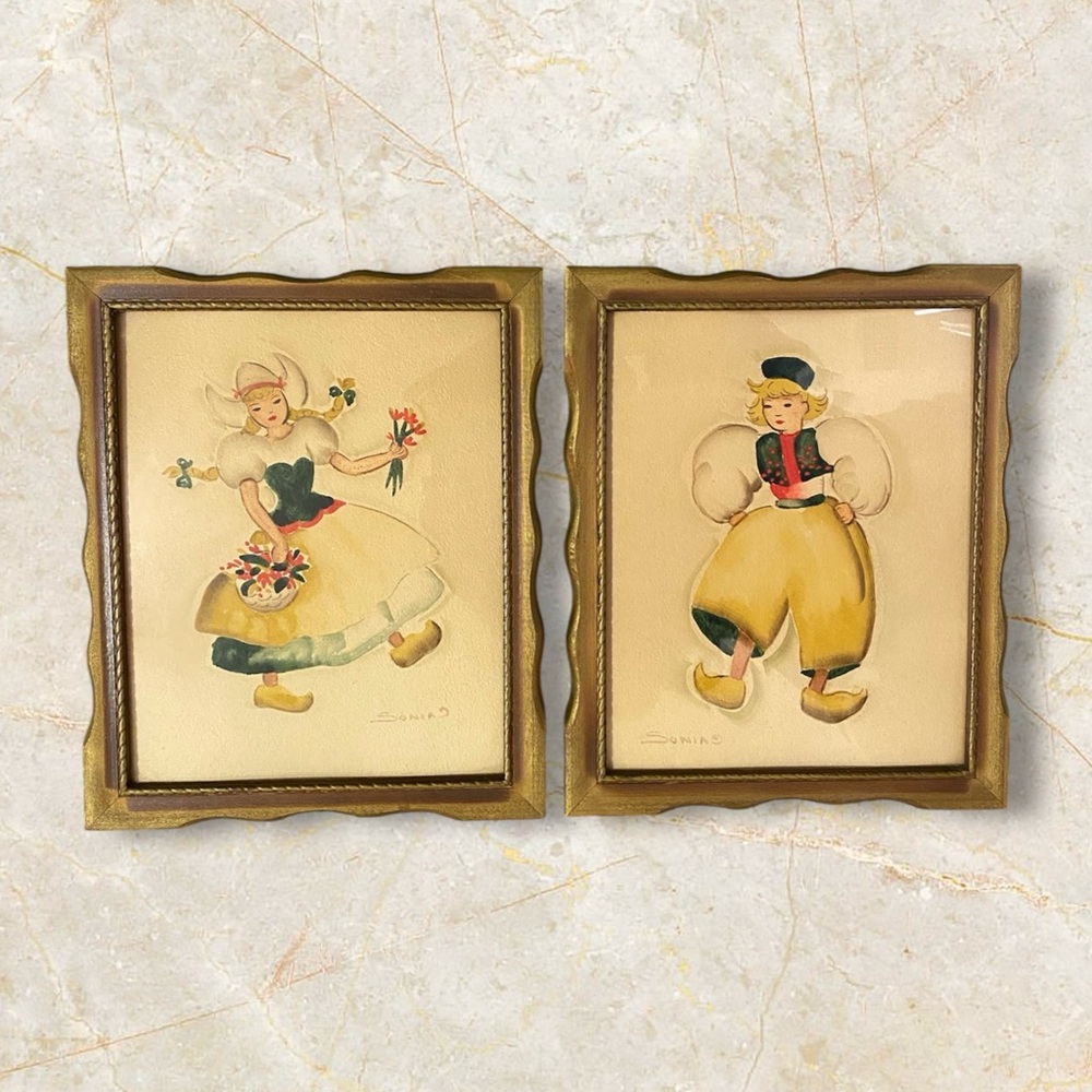 Vintage painting Dutch boy and girl original watercolor painting